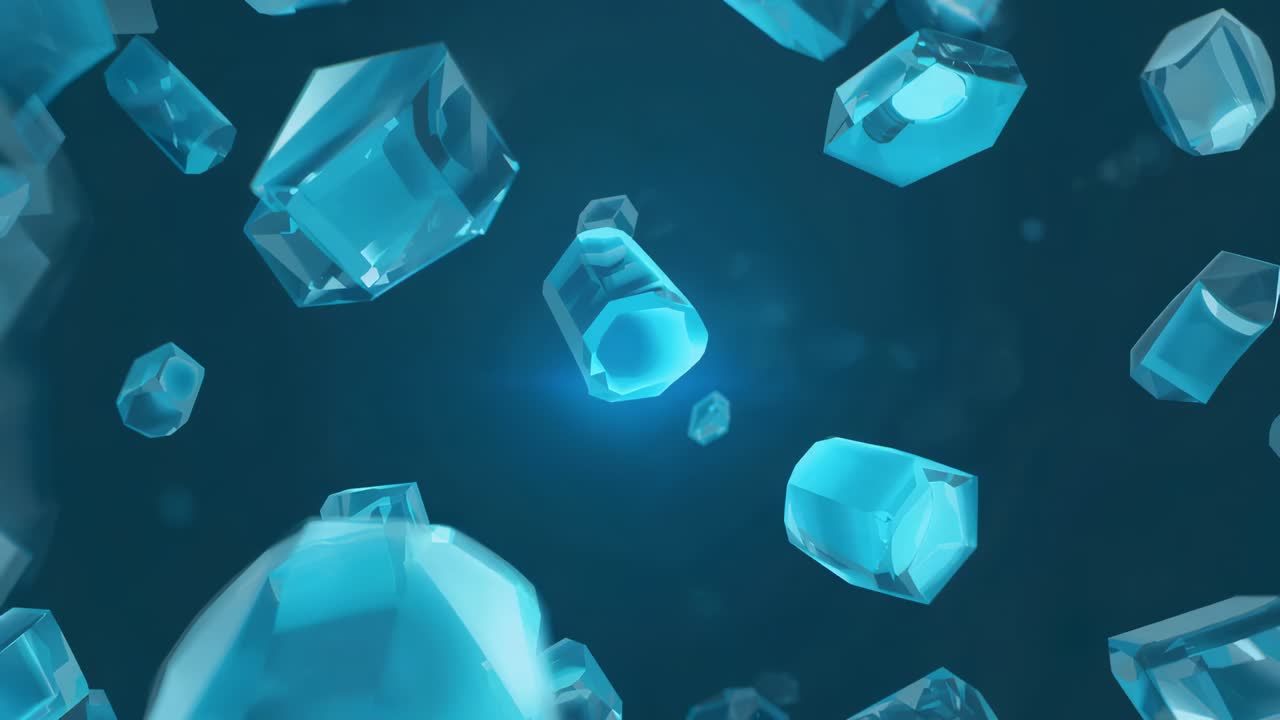 Cristais ciano-azulados se abrindo, girando e flutuando em espaço azul-petróleo, luz de fundo, partículas mostrando profundidade