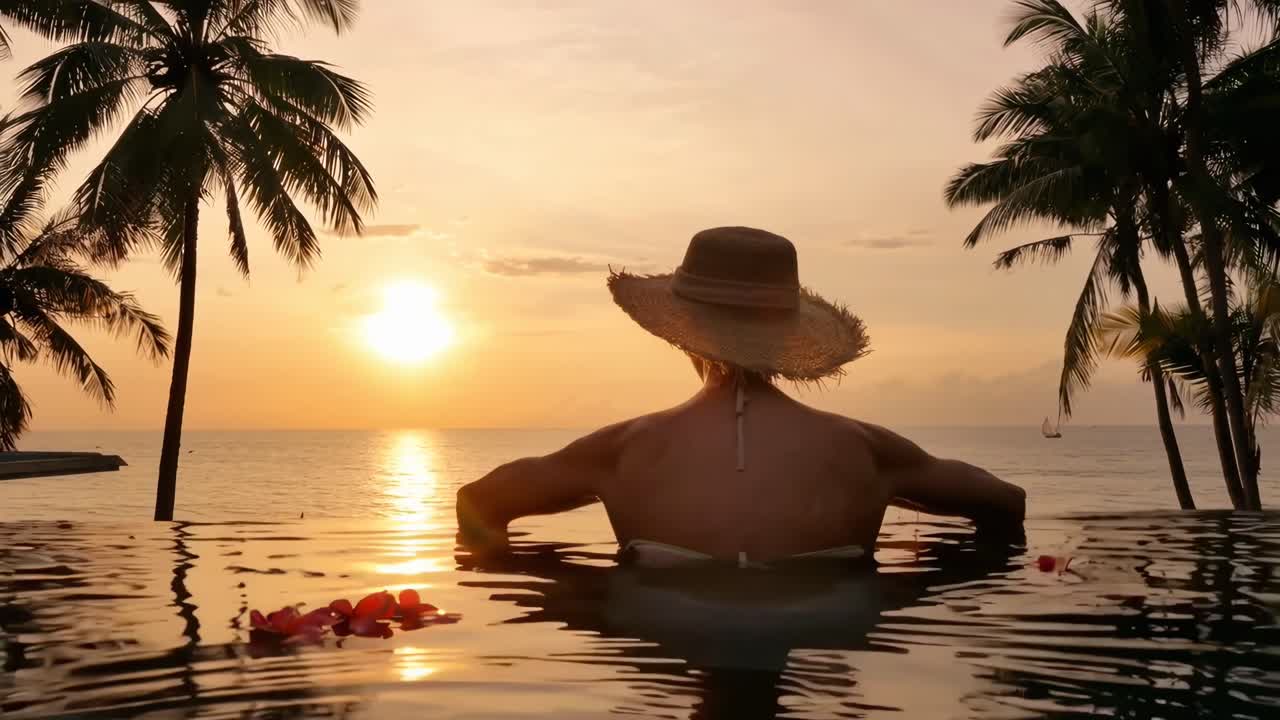 Vídeo de um pôr do sol sereno com uma visão de baixo ângulo de uma pessoa relaxando em uma piscina, emoldurada por palmeiras