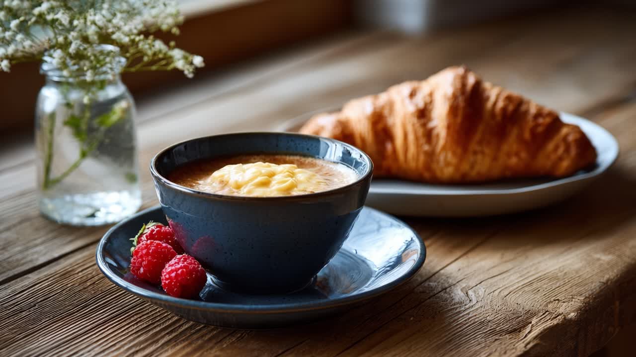 Una deliciosa escena de desayuno con sopa humeante, frambuesas frescas y un cruasán hojaldrado, ambientada en un acogedor fondo de madera.