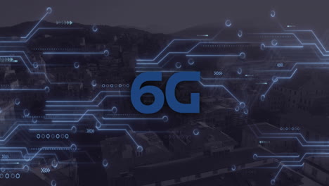 animation of 6g text, cityscape and connections