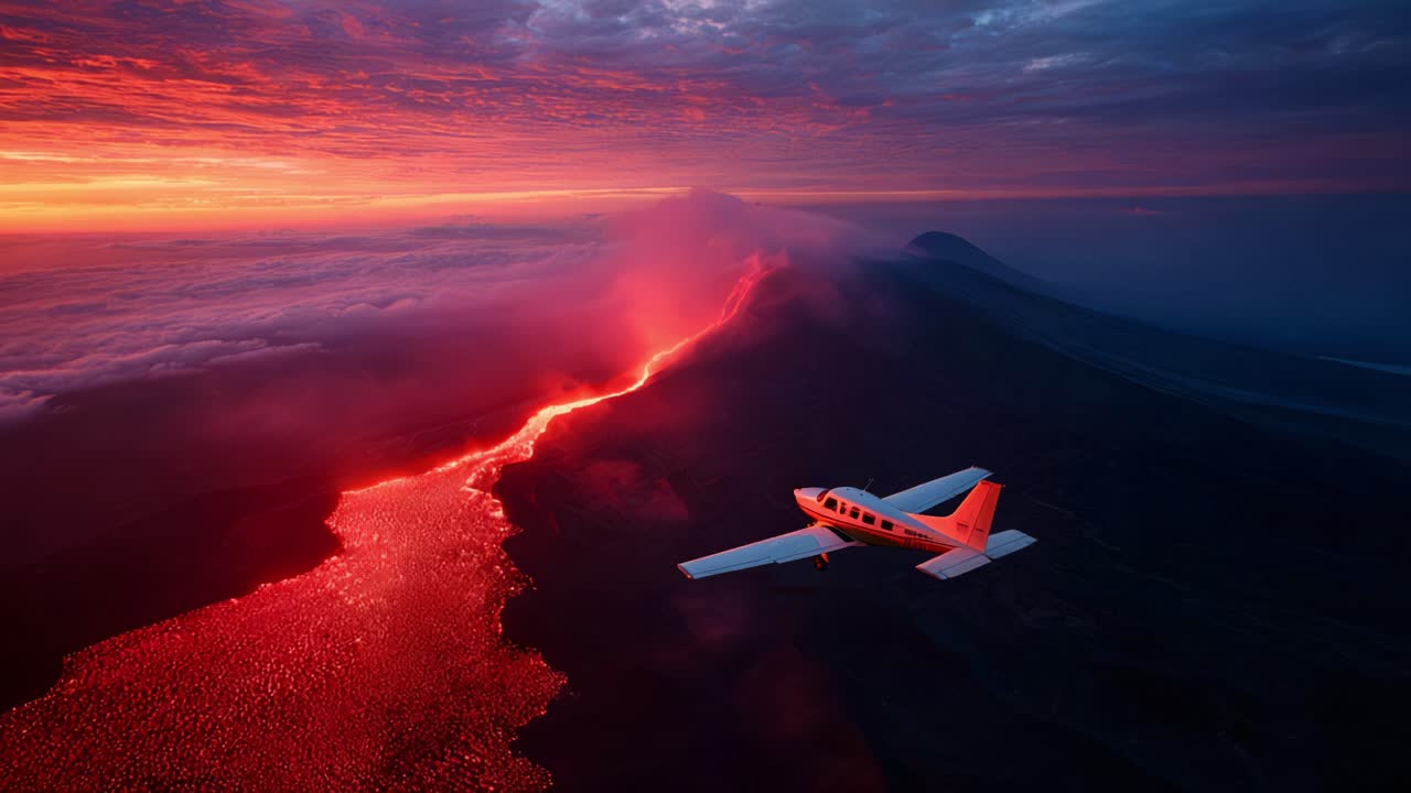 Aerial View of a Fiery Eruption: Spectacular Sunset over a Volcano with Lava Flow and a Small Airplane Capturing Nature's Raw Power and Beauty in a Single Frame