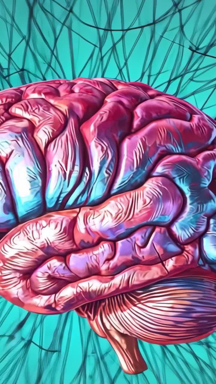 Vertical video: On start, rotating 3D brain showing folds on teal backdrop, neural fibers pulsing