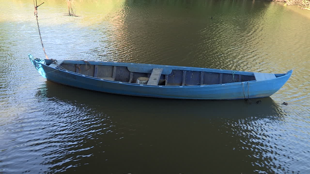 Piccola barca da pesca blu, costruita in legno e tradizionale del Baixo Mondego, Portogallo