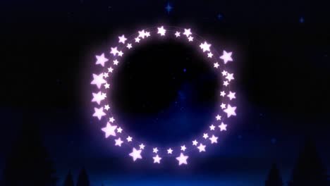 Purple-glowing-star-shaped-fairy-lights-against-blue-shining-stars-in-night-sky