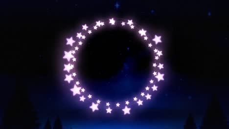 purple glowing star shaped fairy lights against blue shining stars in night sky
