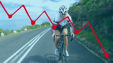 animation of shapes over caucasian woman cycling