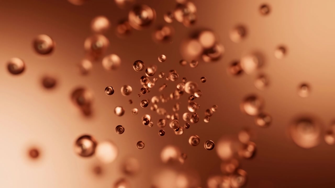 Un denso raggruppamento di sfere lucide color rame e bronzo circonda un anello centrale di piccole perle, con sfere più grandi che si spostano verso i bordi su uno sfondo a gradiente caldo, sfocatura morbida e riflessi luminosi.