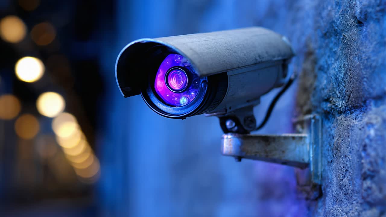A Close-Up Exploration of a Surveillance Camera with a Distinctive Blue Light Glow, Capturing the Essence of Modern Security Technology in Urban Environments