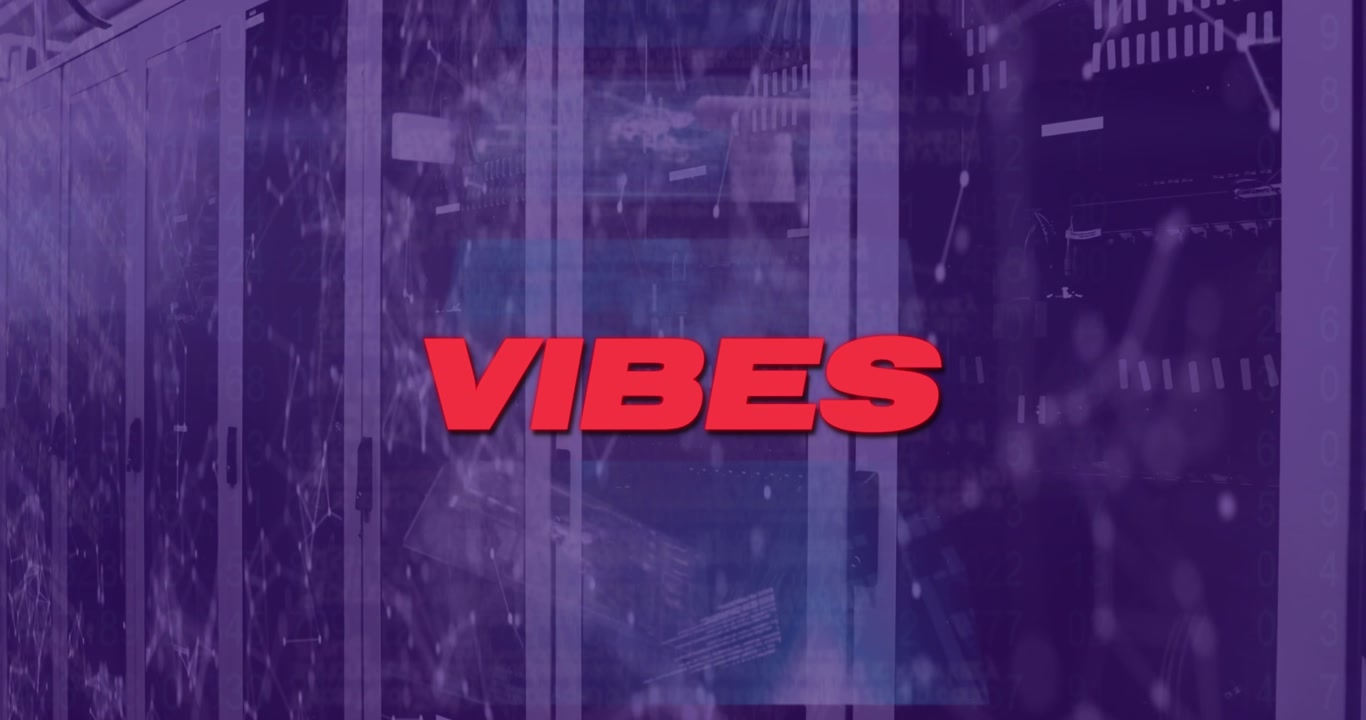 Animation of vibes text with network of connections and data processing over server room