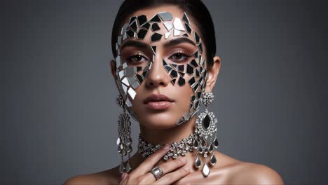 a stunning model showcases a unique artistic fashion statement featuring a reflective mosaic mask that beautifully complements her elegant jewelry and striking features