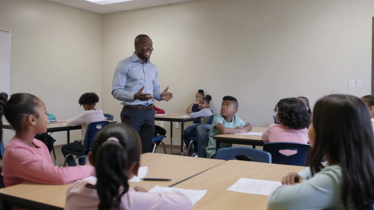 Início da aula, professor se dirigindo aos alunos na sala, vestindo camisa azul, com papéis e lápis.