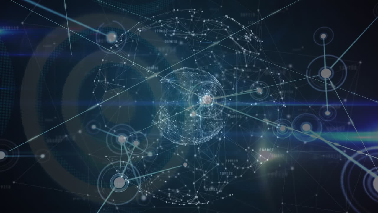 Animation of network of connections with globe on blue background