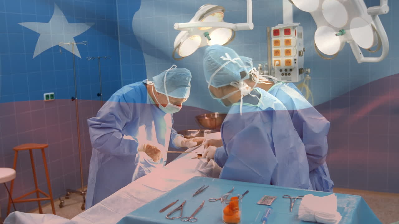Animation of flag of chile waving over surgeons in operating theatre