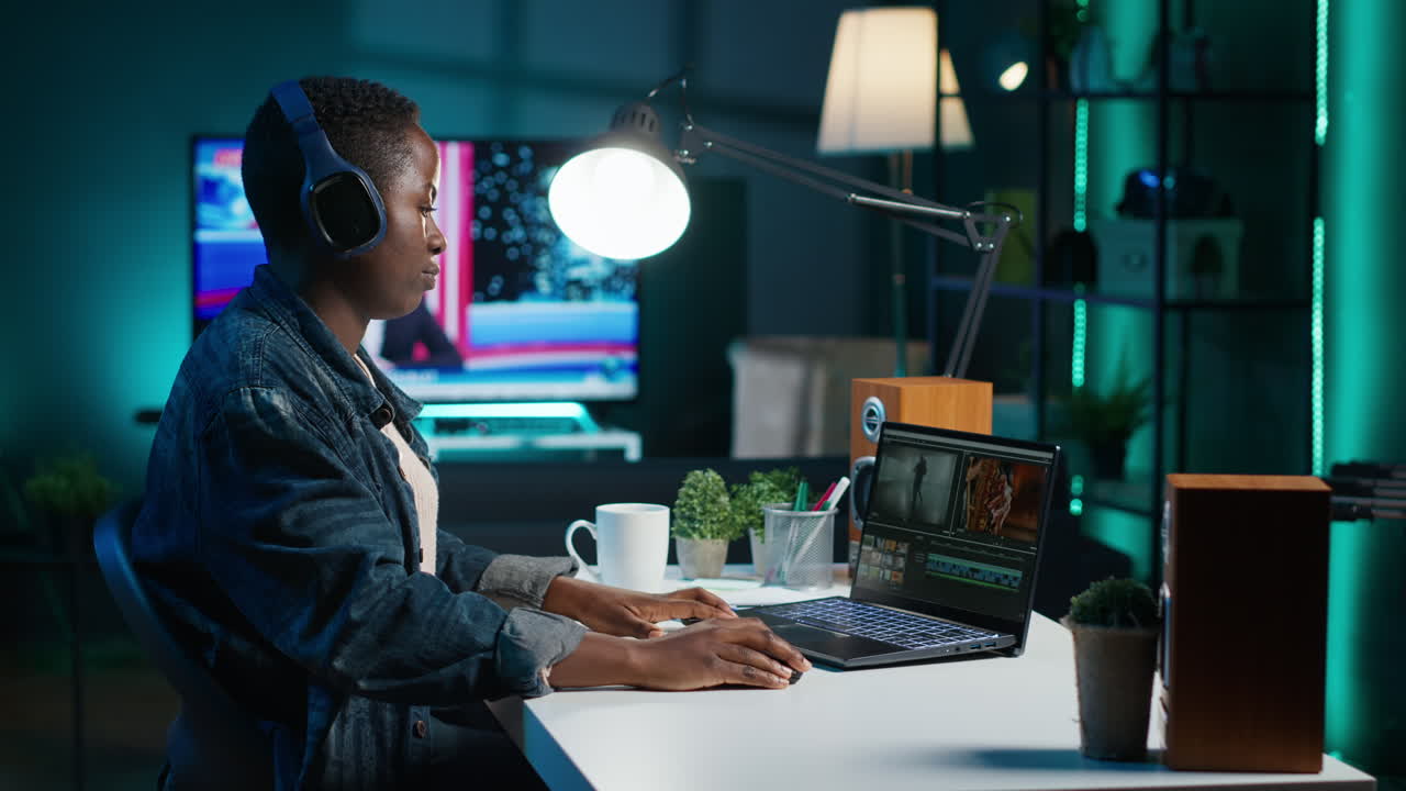 editora de video mujer por la noche