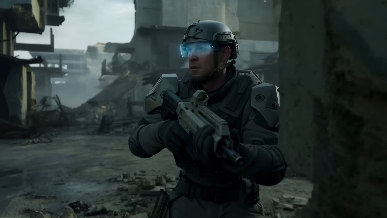 Futuristic Soldier with Rifle Patrolling Ruined City