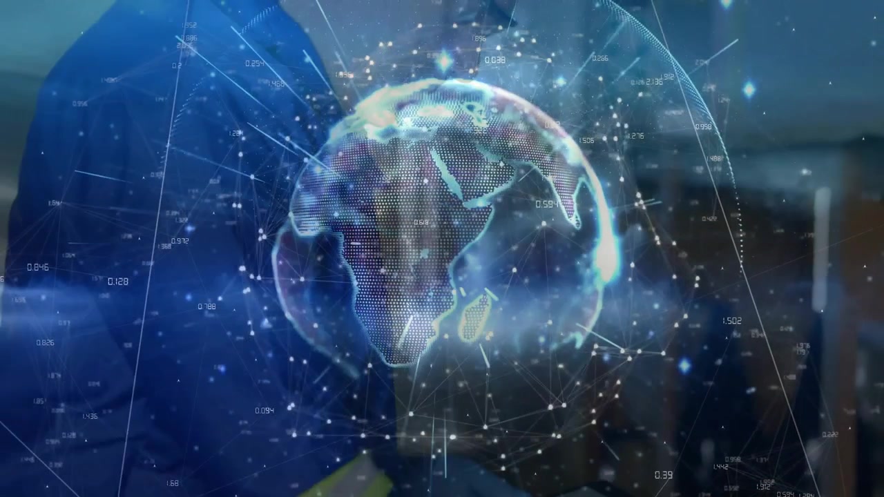 En digital globus dukker op på en blå baggrund, en tekniker dukker op og analyserer roterende netværksknudepunkter.