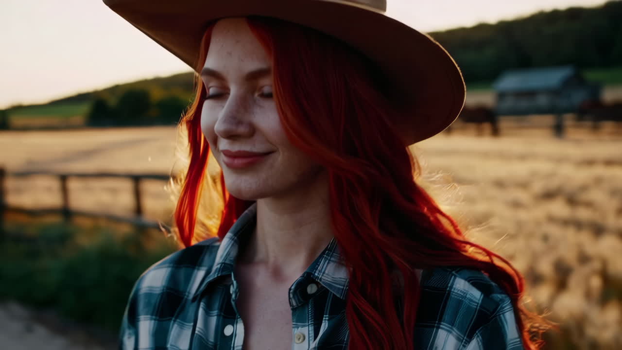 Woman in a cowboy hat in a wheat field at sunset