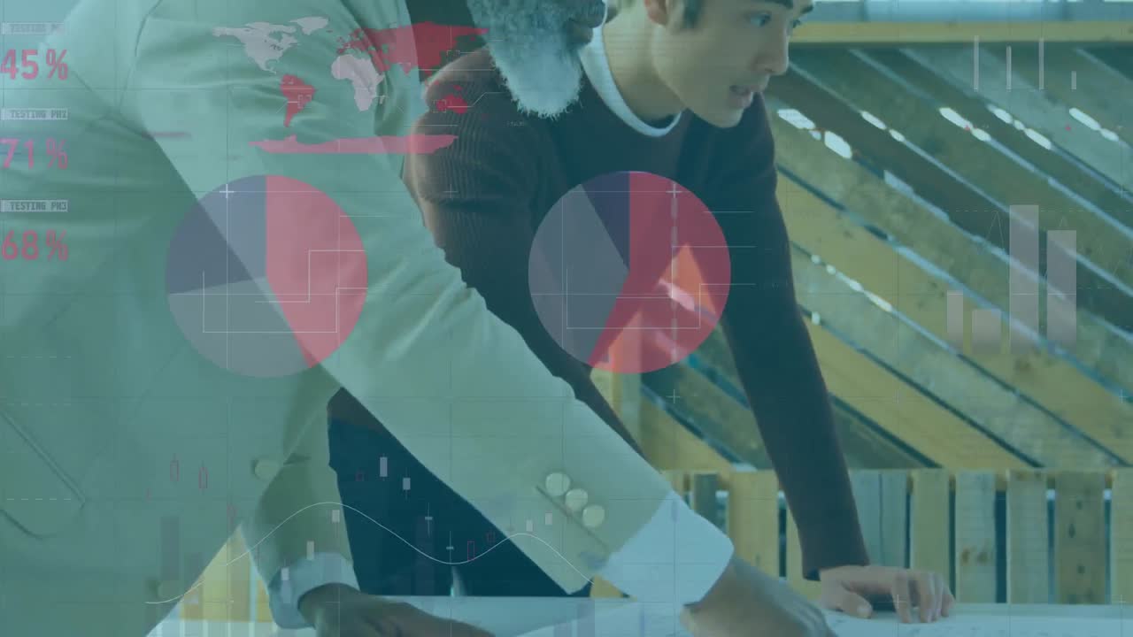 사무실에서 청사진을 논의하는 다양한 동료들에 대한 인포그래픽 인터페이스의 애니메이션