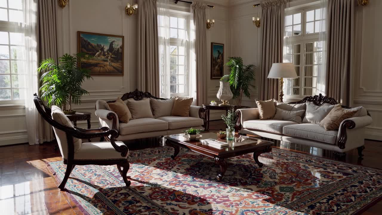 Elegant living room with classic furniture, ornate rug, and large windows
