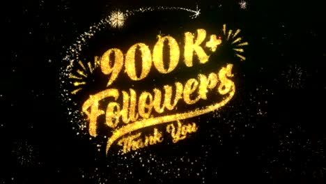 900k followers greeting and wishes card made from glitter particles and sparklers light dark night sky with colorful firework 4k background.