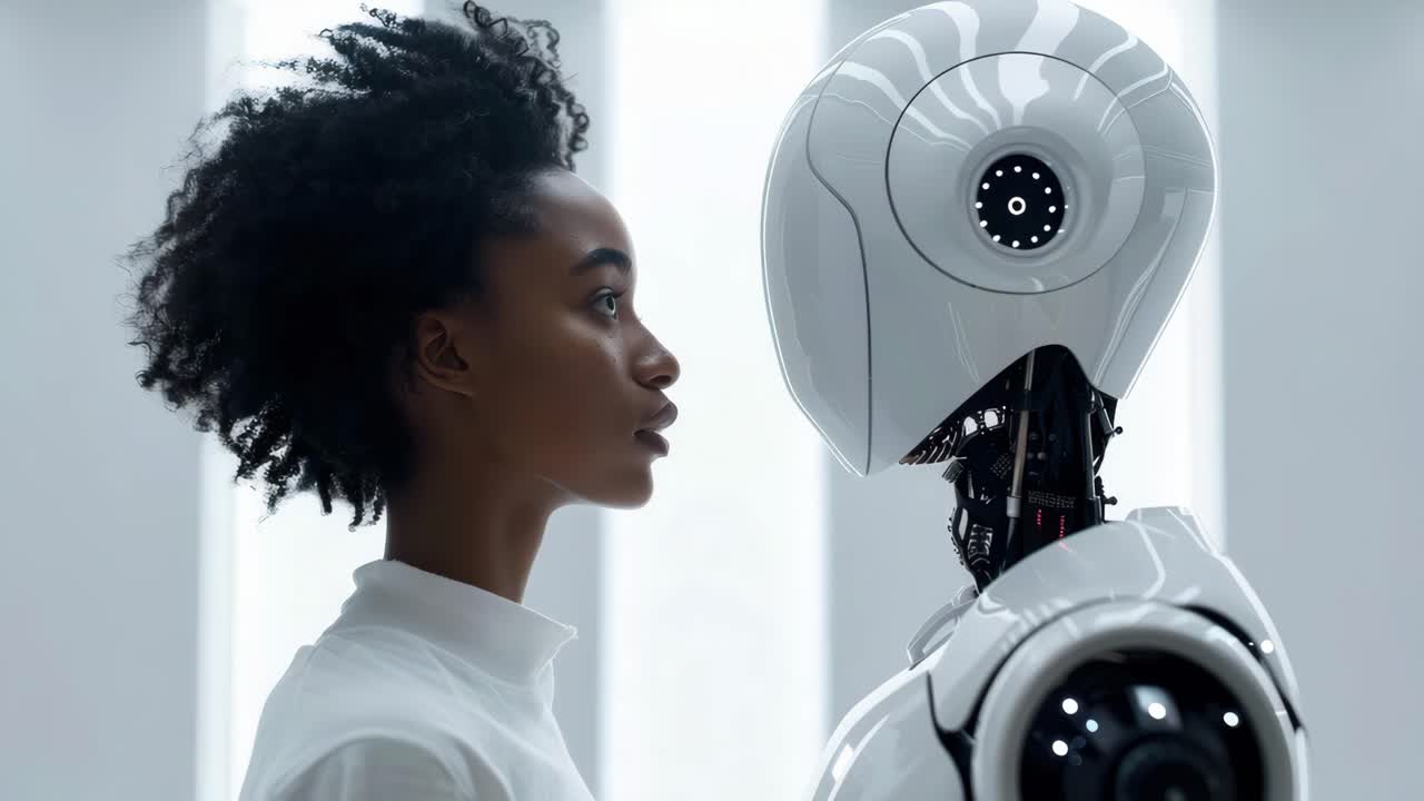 A futuristic video concept showing a side profile of a woman facing a robot