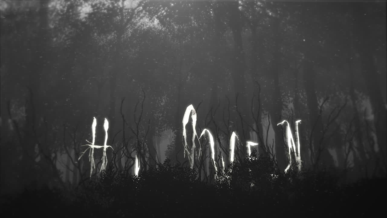 texto de animación halloween y fondo místico con bosque oscuro y niebla