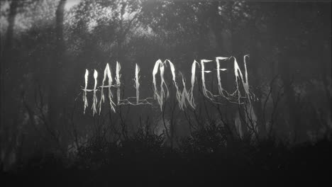 texto de animación halloween y fondo místico con bosque oscuro y niebla