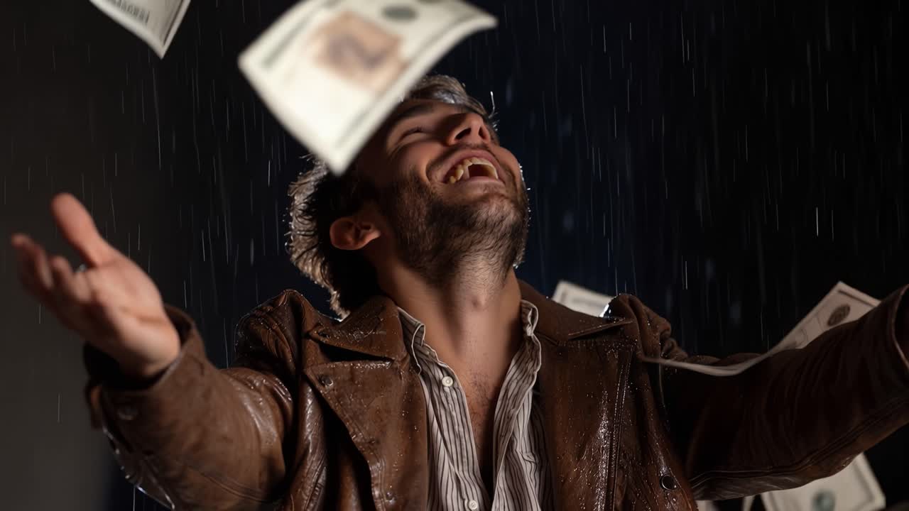 Piove denaro dal cielo. Un uomo ride gioiosamente, a braccia aperte. Indossa una giacca di pelle marrone e una camicia a righe. L'espressione mostra pura delizia e sorpresa. La scena suggerisce una ricchezza o ricompensa improvvisa.