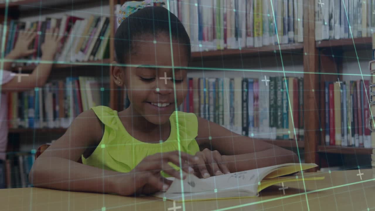 Seated girl picking book and reading passages in educational library while peer browsing shelves