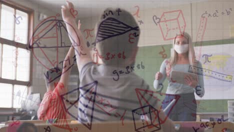 animation of mathematical equations over diverse schoolchildren and teacher wearing face masks