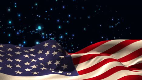 Animation-of-waving-usa-flag-and-glowing-spots-over-dark-background