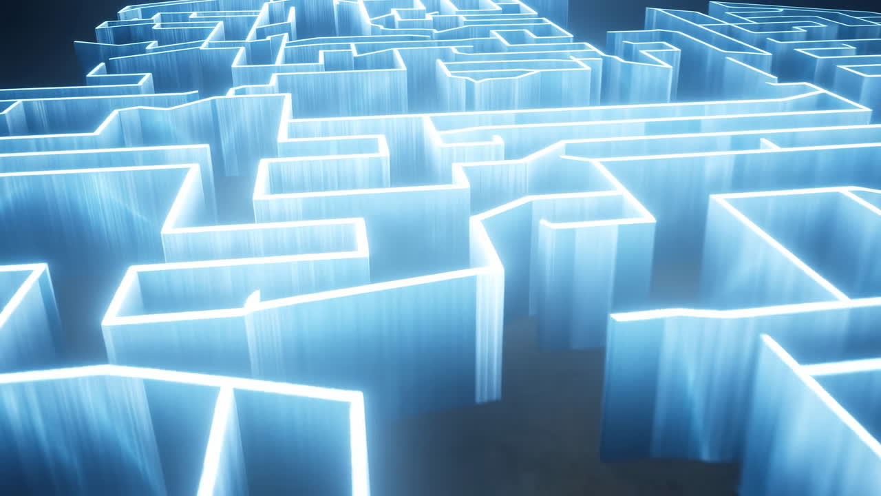 Overhead Glowing Neon Maze With Towering Walls And Reflective Floor Slow Camera Sweep Reveals Twisting Routes,