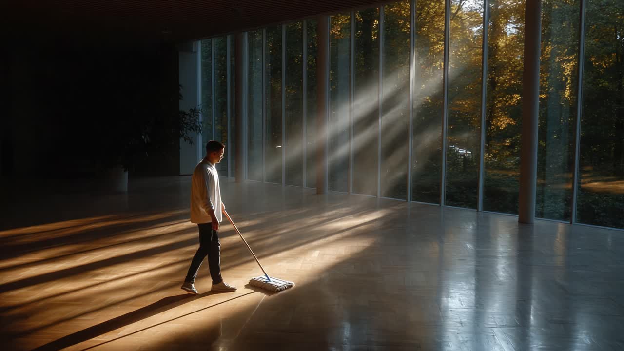 A Serene Moment of Cleaning: A Sole Figure Sweeping a Sunlit Space with Radiant Rays Illuminating the Beautiful Surroundings