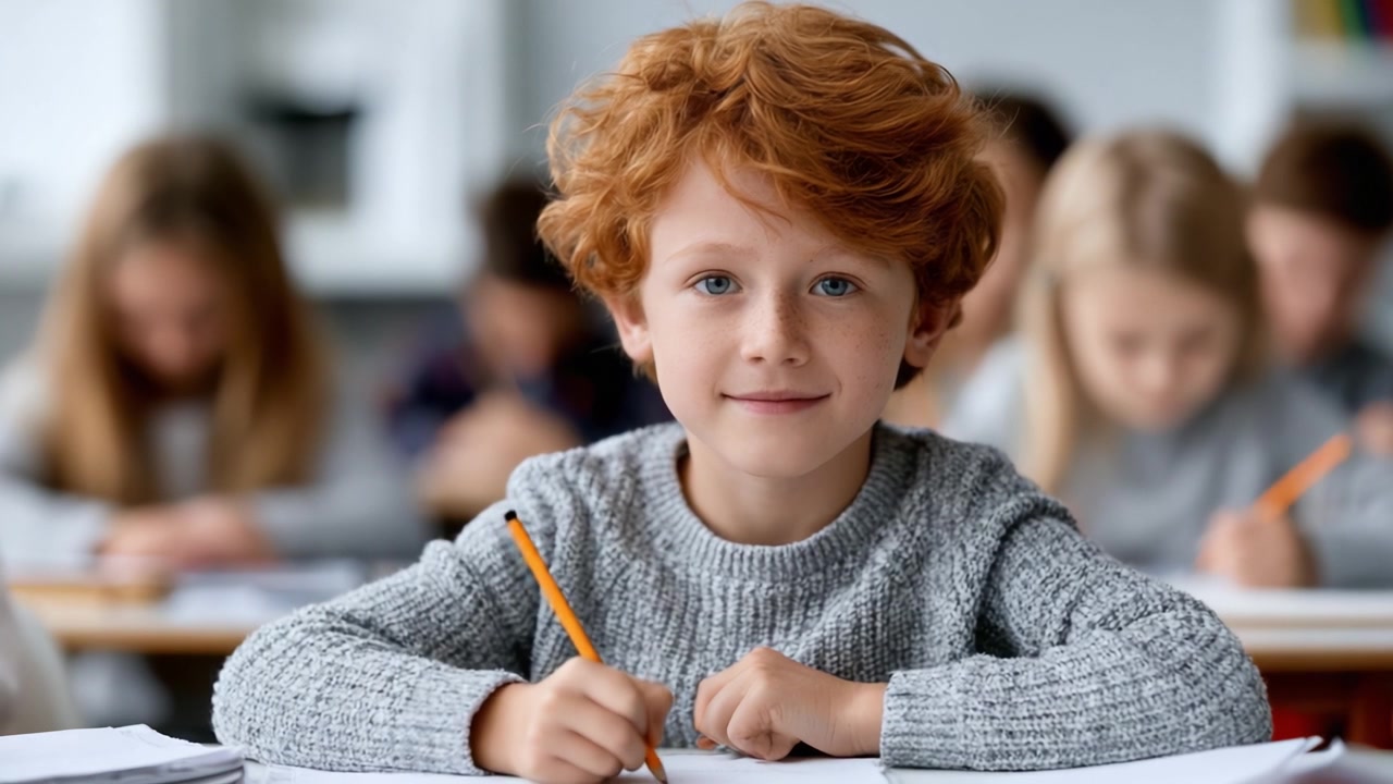 Una giovane studentessa con capelli ricci rossi mostra sicurezza e concentrazione mentre scrive in classe, circondata dai compagni, catturando l'essenza dell'apprendimento e della curiosità