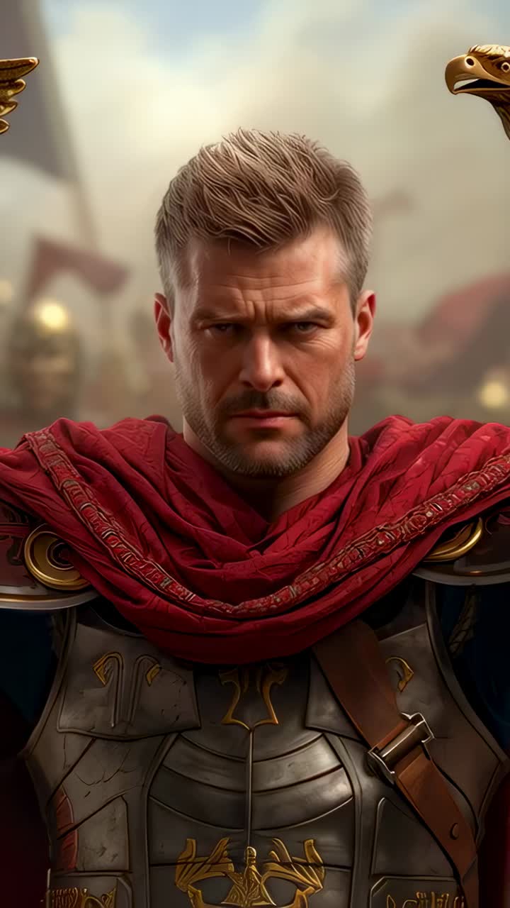 Vertical video: Camera zooming closer to armored commander with cloak on field, showing stern gaze