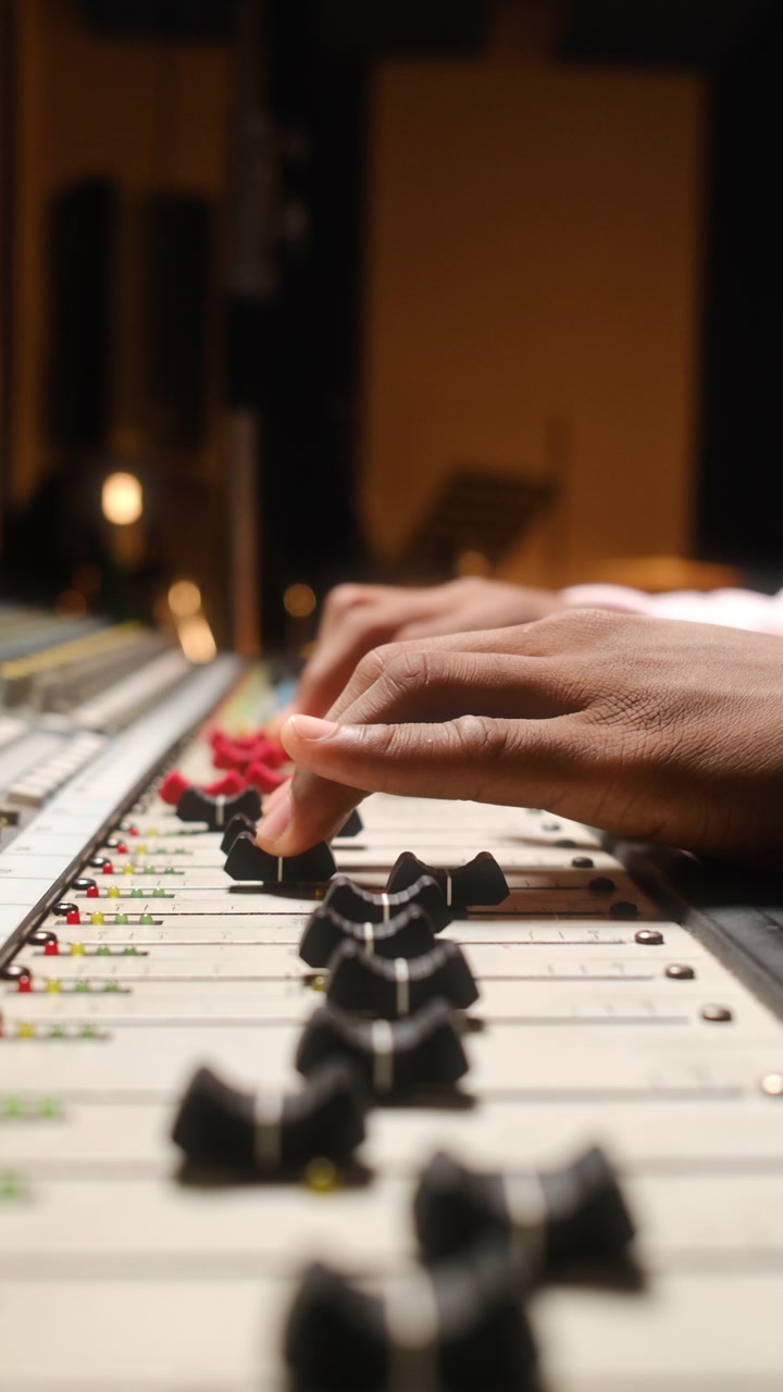 Hands of Audio Engineer Moving Sliders on Mixing Console in Recording Studio