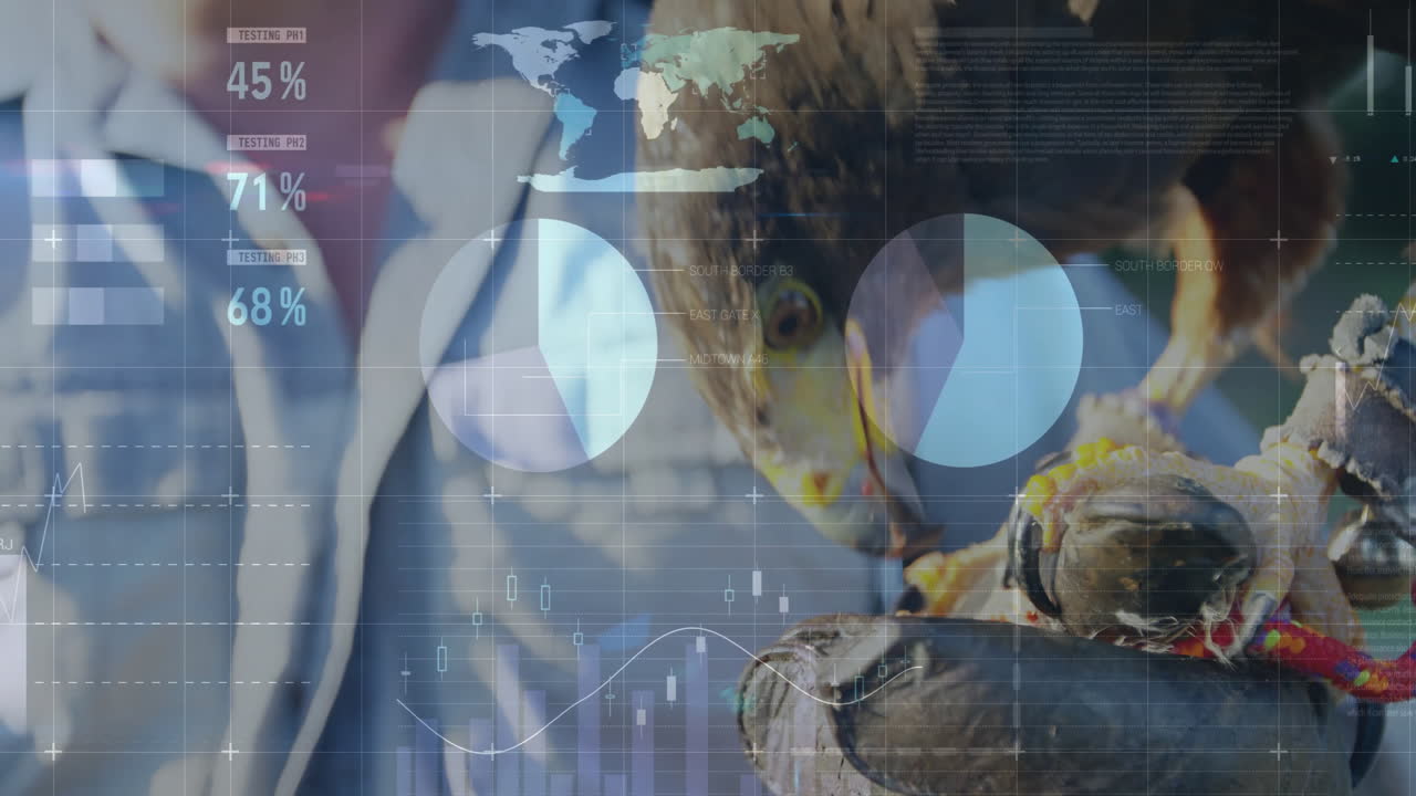 Researcher holding lobster in research lab, displaying animated charts showing testing progress