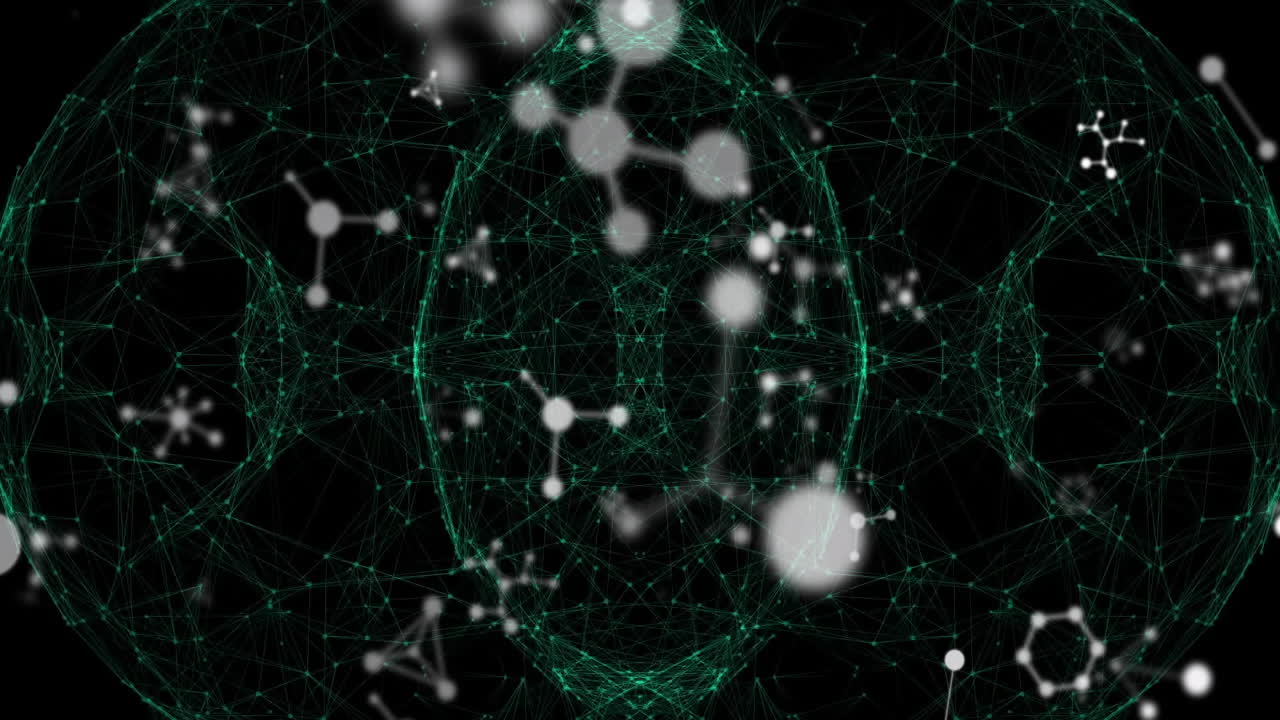 Central spherical network glowing in 3D space, showing floating molecular nodes and mesh lines