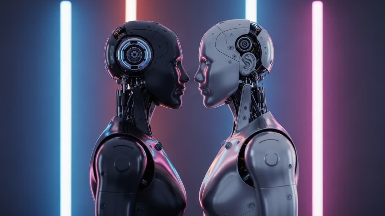 A futuristic encounter between two life-like humanoid robots, illuminated by vibrant neon lights, showcasing the cutting-edge technology and artistry in robotic design and interaction