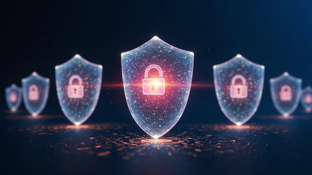 Innovative Digital Security: A Stunning Visual Representation of Protected Data with Shimmering Shields Featuring Lock Icons, Symbolizing Cybersecurity and Safeguarding Information