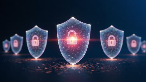 innovative digital security: a stunning visual representation of protected data with shimmering shields featuring lock icons, symbolizing cybersecurity and safeguarding information
