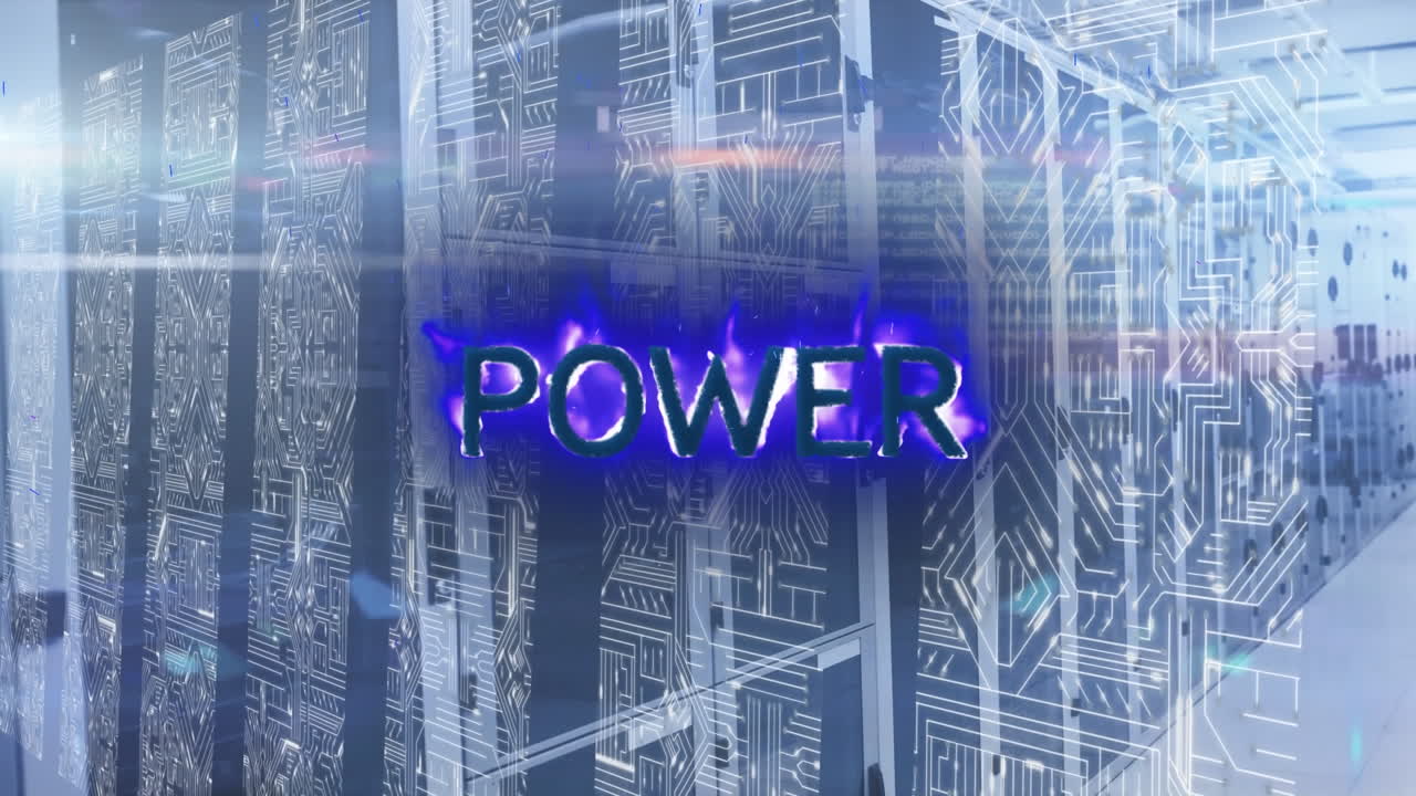 animación de puntos de luz y texto de energía sobre la sala del servidor