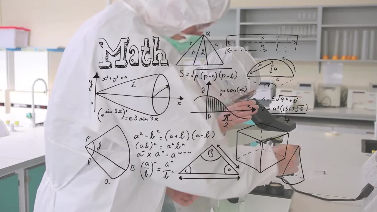 animación de fórmulas matemáticas sobre trabajadoras y trabajadores de laboratorio en ropa de seguridad