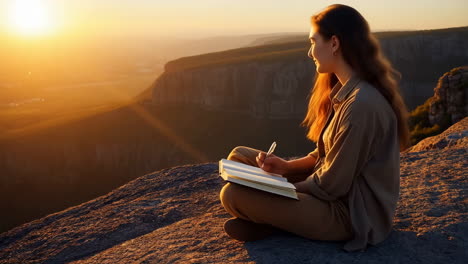 woman writing in notebook at sunset on mountain top