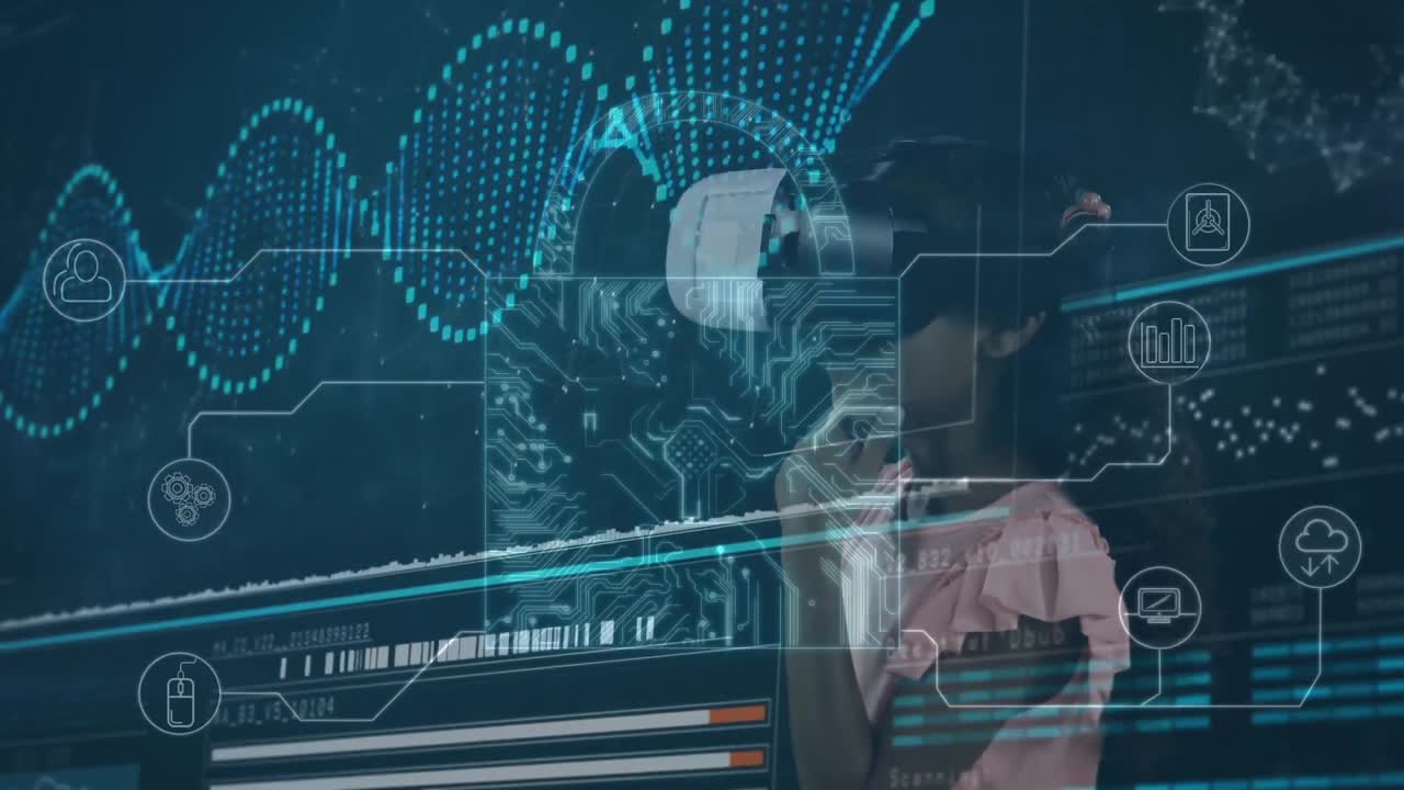 데이터 처리 및 dna 스트랜드의 애니메이션 vr 헤드 ⁇ 을 착용하는 여성