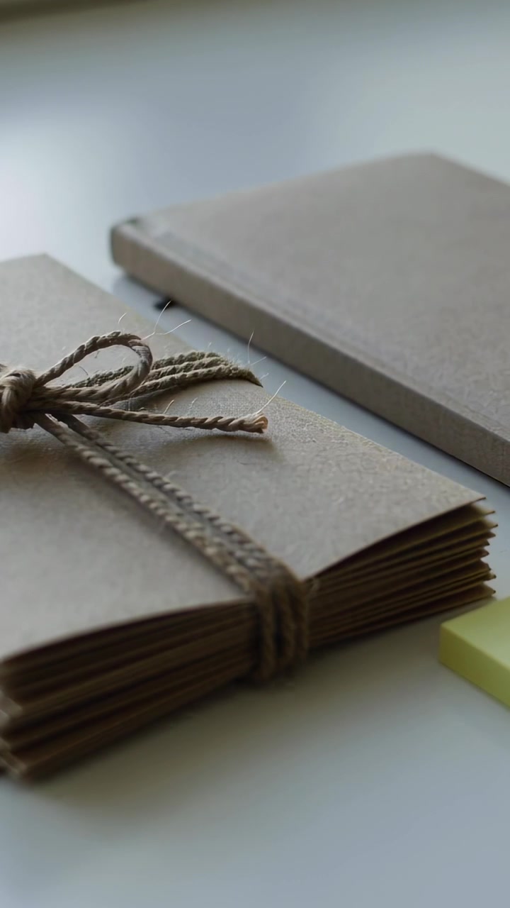 Vertical video: Camera pulling focus on kraft envelopes twine-tied on desk by window