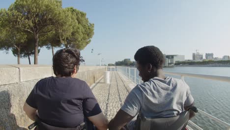 rear view of happy couple using wheelchairs walking at quayside