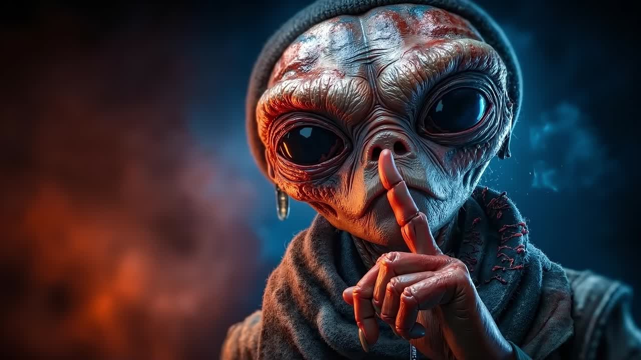 A close up of an alien with a finger on his lips