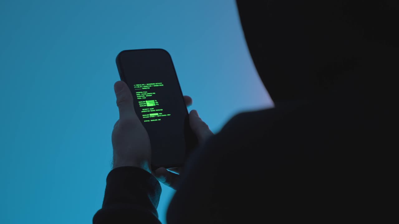 Sensitive data theft. Hooded person holding smartphone with green code on screen in blue light. Hacking, cybercrime, malware, data breach, and cybersecurity threat concept. Virus in smart phone,
