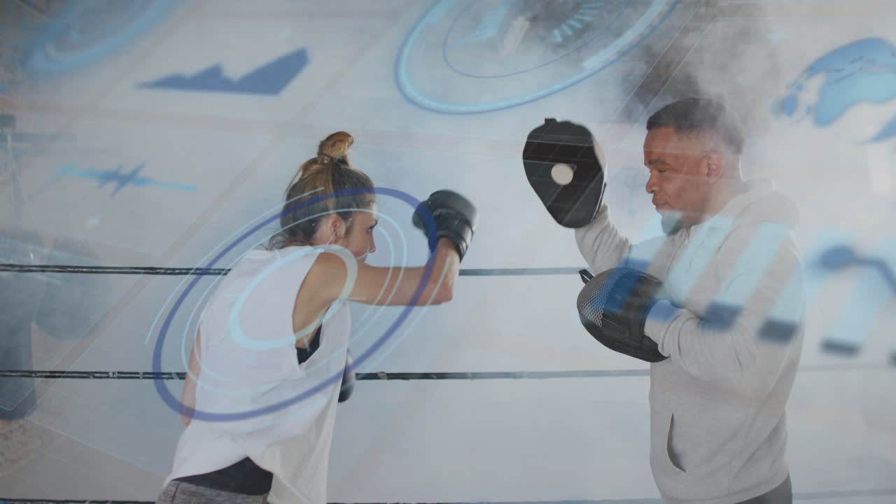 Boxer jabbing while trainer shifting mitts and catching strikes, blue HUD aiding boxing training